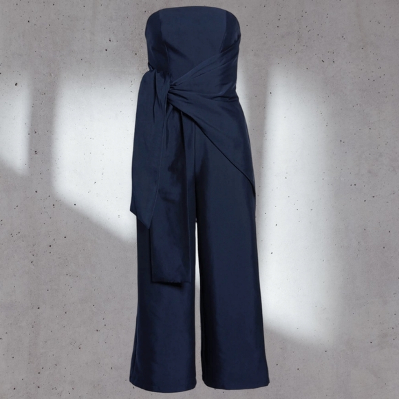 Keepsake the label jumpsuit Navy Blue Strapless Asymmetrical Knot Wide leg (S) - Picture 6 of 14